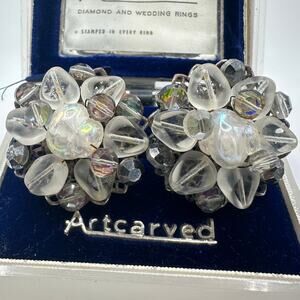 Vintage silver tone AB watermelon glass beads beaded cluster clip on earrings